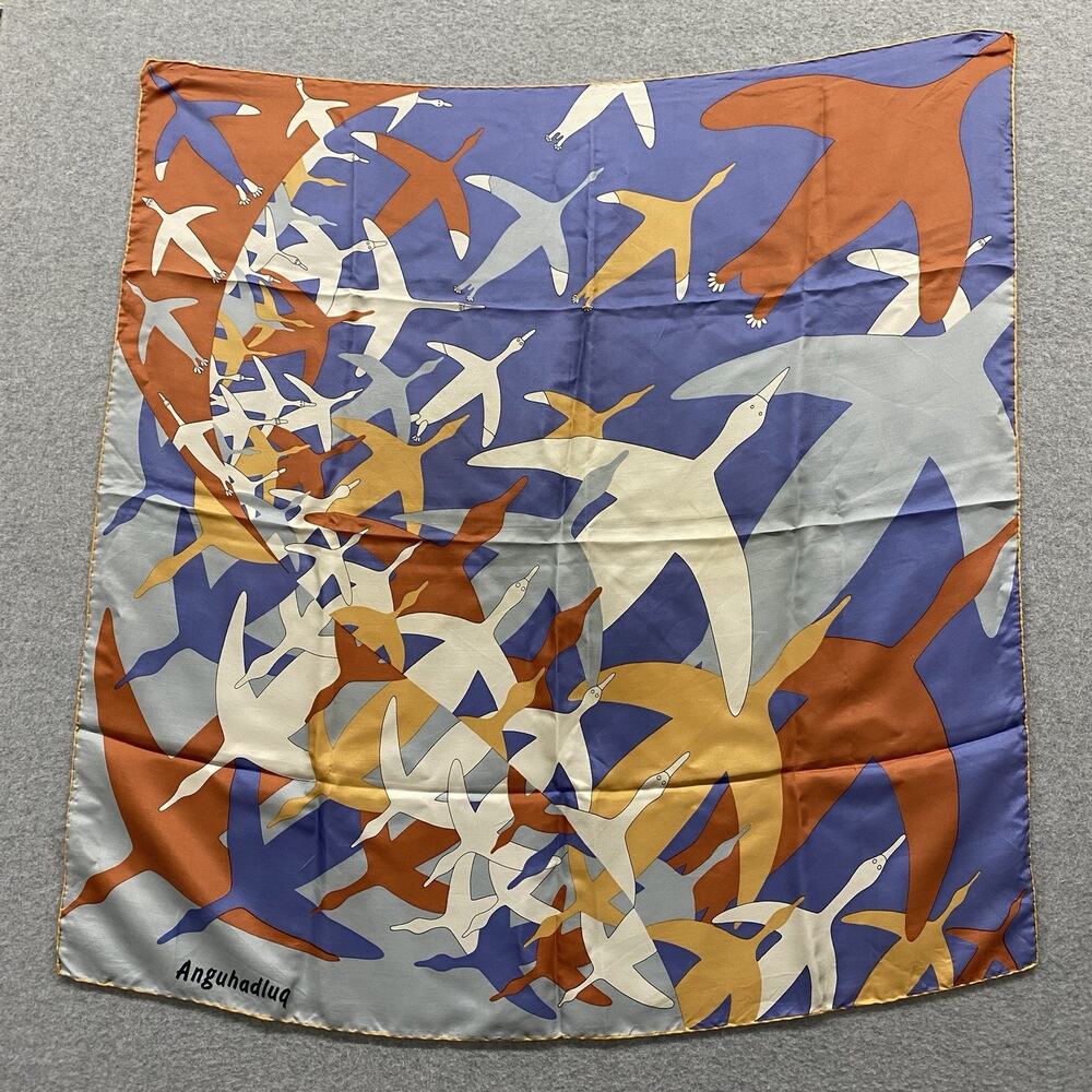 Vintage Luke Anguhadluq Inuit Canada Eskimo Folk Art Flying Geese Scarf Silk